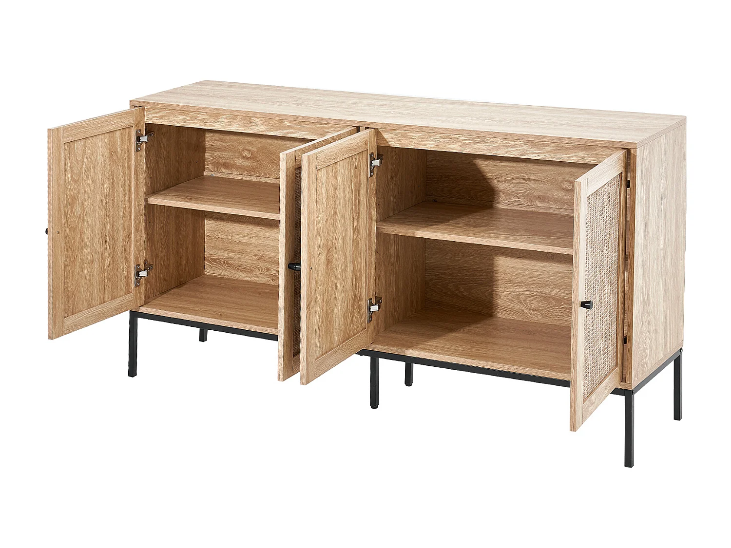 Opbergkast SucceBuy Kast van Rotan met 4 Magnetische Deuren en Verstelbare Planken, voor Gang, Woonkamer, Keuken - Natuurlijke Afwerking