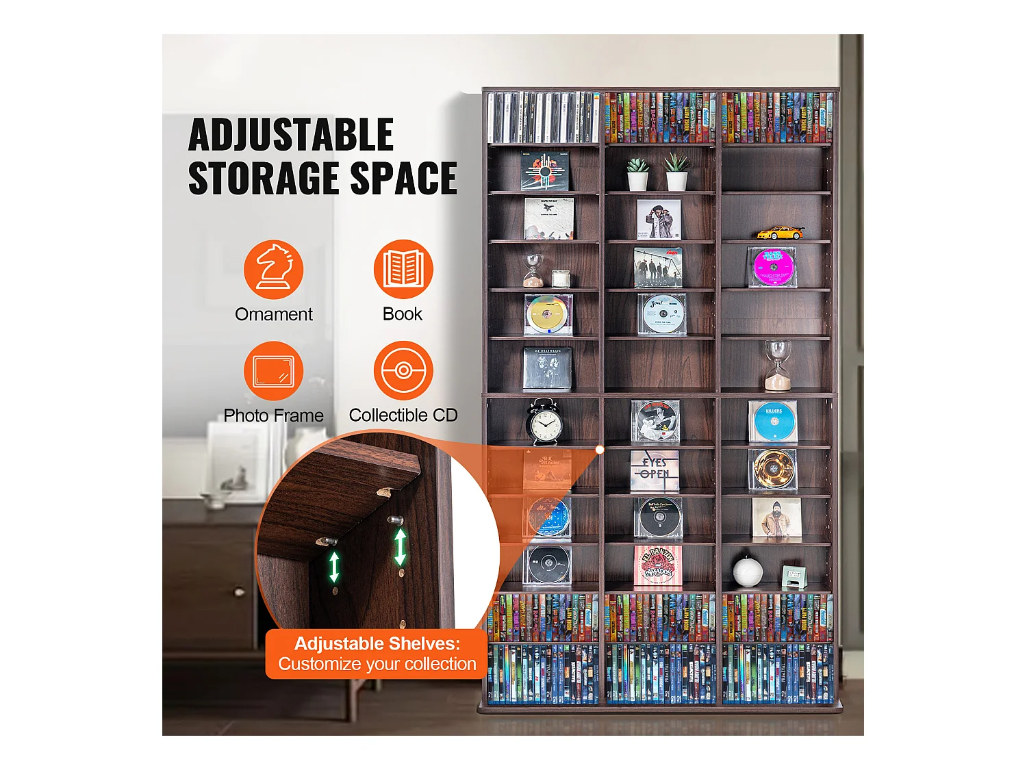 Vitrine  SucceBuy  Armoire de Rangement Multimédia Étagère Réglable  Meuble de Rangement Multimédia, Étagères Réglables pour DVD à 12 Niveaux, Expresso