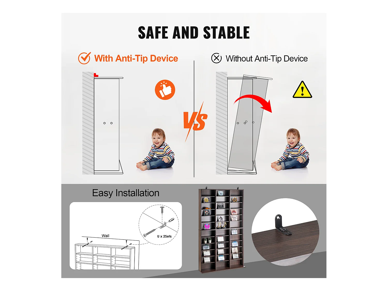 Vitrine  SucceBuy  Armoire de Rangement Multimédia Étagère Réglable  Meuble de Rangement Multimédia, Étagères Réglables pour DVD à 12 Niveaux, Expresso