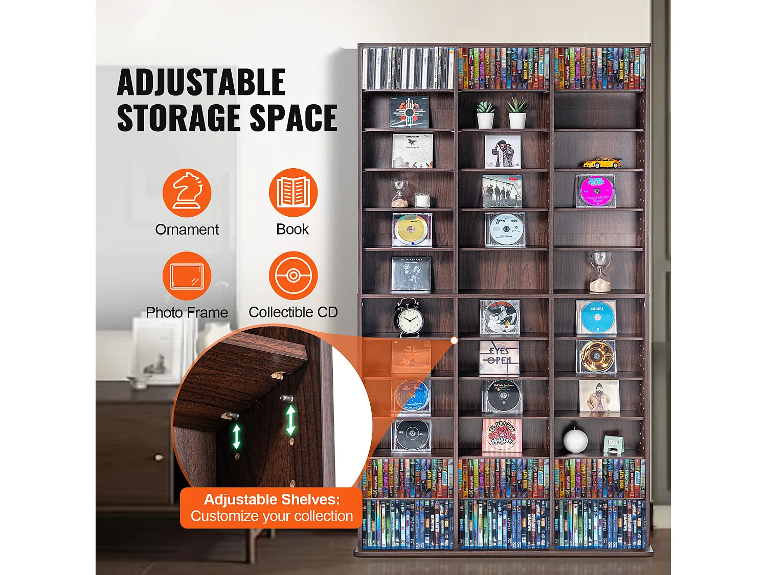 Vitrine  SucceBuy  Armoire de Rangement Multimédia Étagère Réglable  Meuble de Rangement Multimédia, Étagères Réglables pour DVD à 12 Niveaux, Expresso