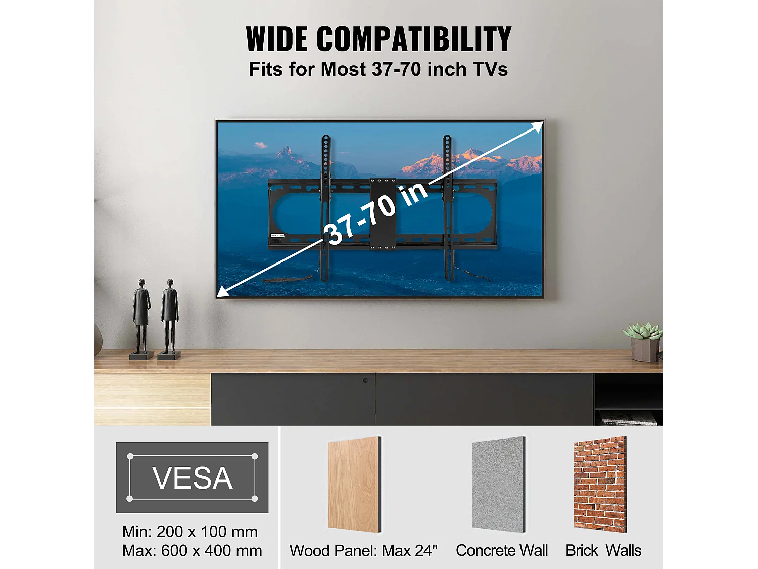 Wieżańca Ścienna Uniwersalna SucceBuy, dla Telewizora Niskiego Profilu, Kompatybilna z Telewizorami o Rozmiarze 94–178 cm