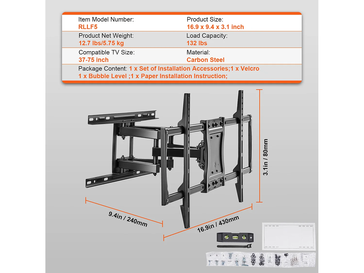 Support Mural TV à Mouvement Complet SucceBuy, pour Téléviseurs de 94 à 191cm, 4 Bras Articulés