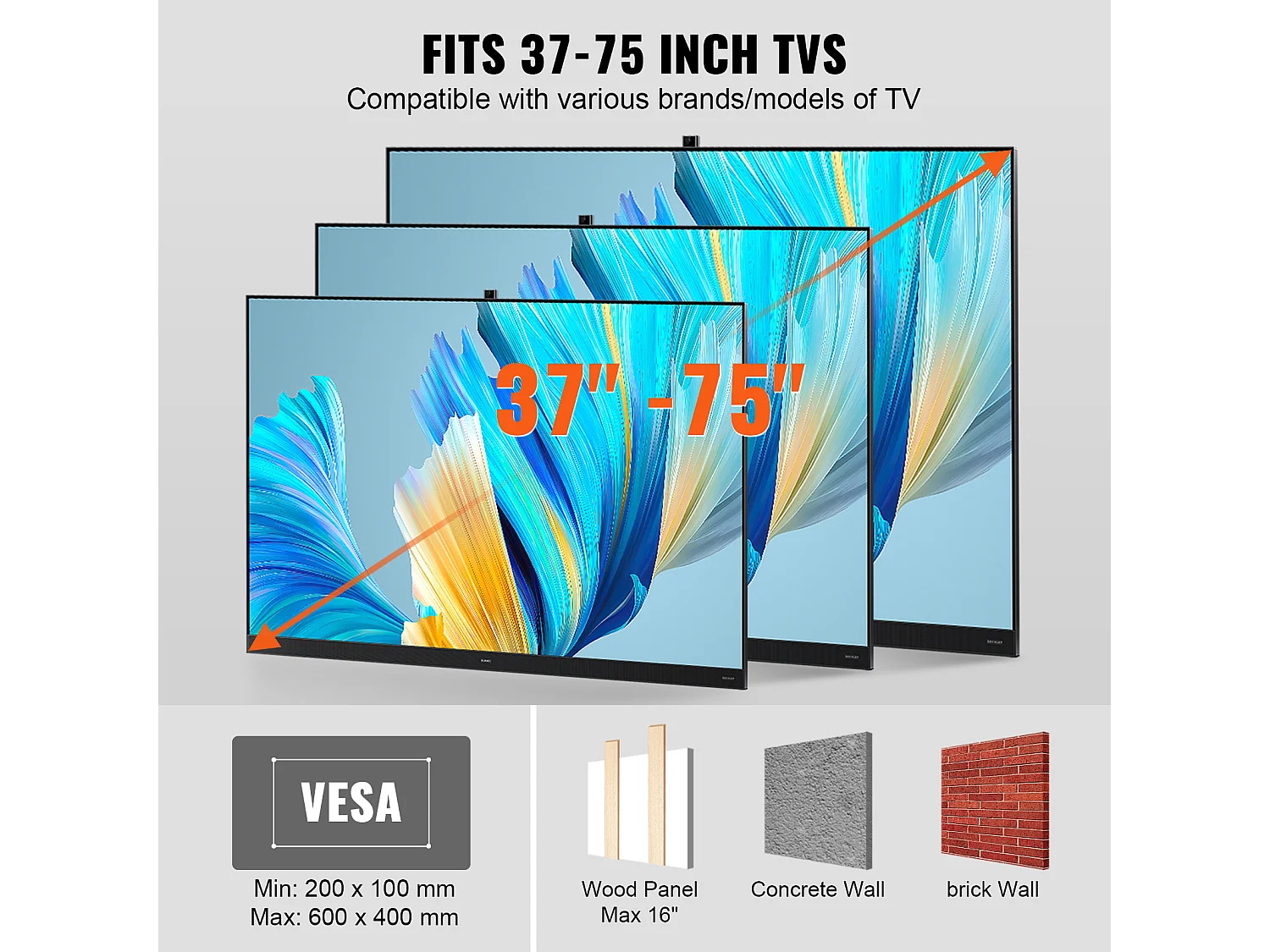 Support Mural TV à Mouvement Complet SucceBuy, pour Téléviseurs de 94 à 191cm, 4 Bras Articulés