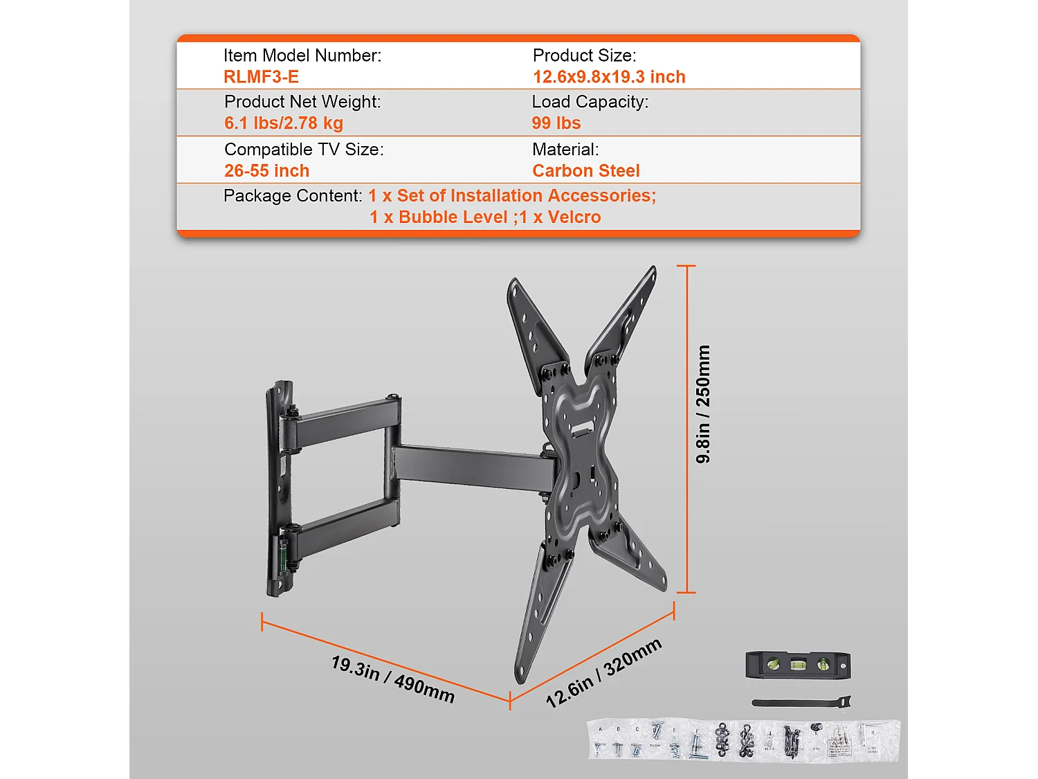 Support Mural TV à Mouvement Complet Articulé SucceBuy, pour Écrans de 66 à 140cm