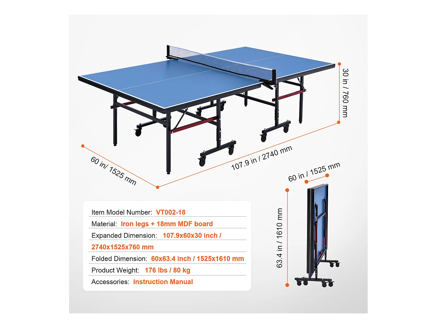 Table de Ping-Pong SucceBuy, Tennis de Table Professionnel, MDF d'Intérieur, Pliable avec Filet à Serrage Rapide, Roues Verrouillables