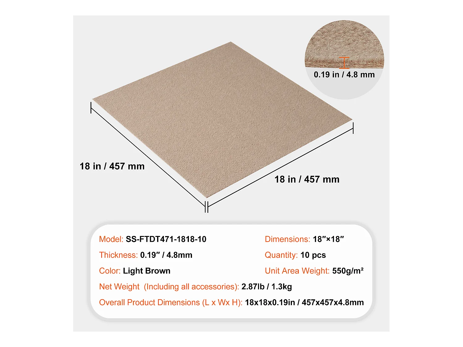 Tapis SucceBuy Dalles de Moquette Lot de 10 dalles de Moquette Autocollantes 45.72 x 45.72cm - Marron Clair