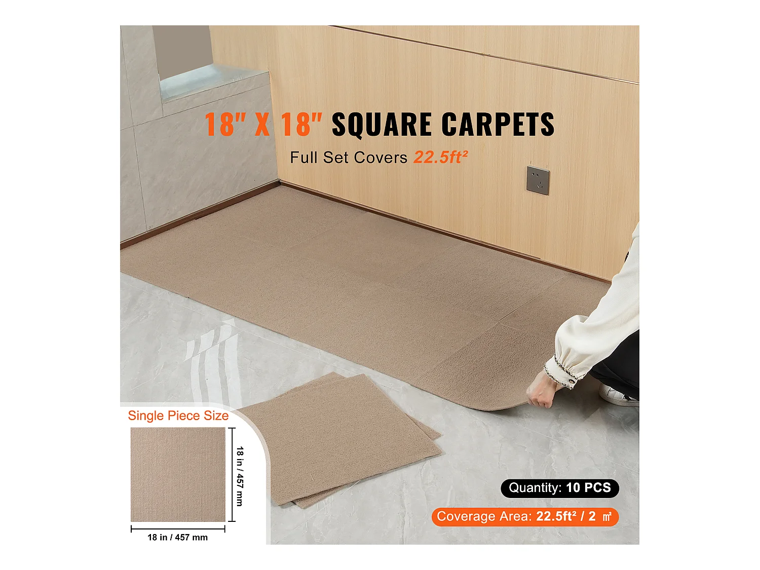 Tapis SucceBuy Dalles de Moquette Lot de 10 dalles de Moquette Autocollantes 45.72 x 45.72cm - Marron Clair