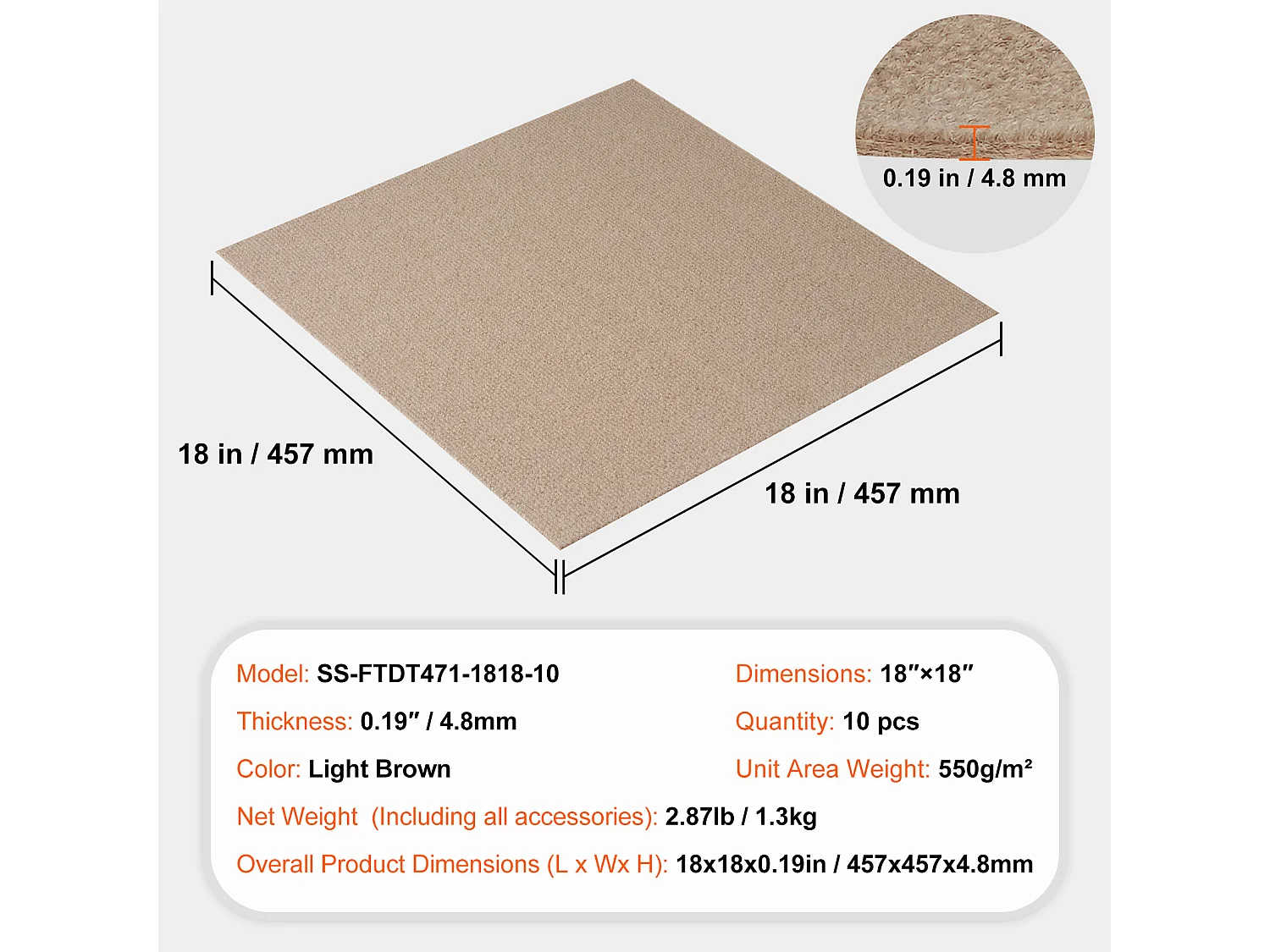 Tapis SucceBuy Dalles de Moquette Lot de 10 dalles de Moquette Autocollantes 45.72 x 45.72cm - Marron Clair