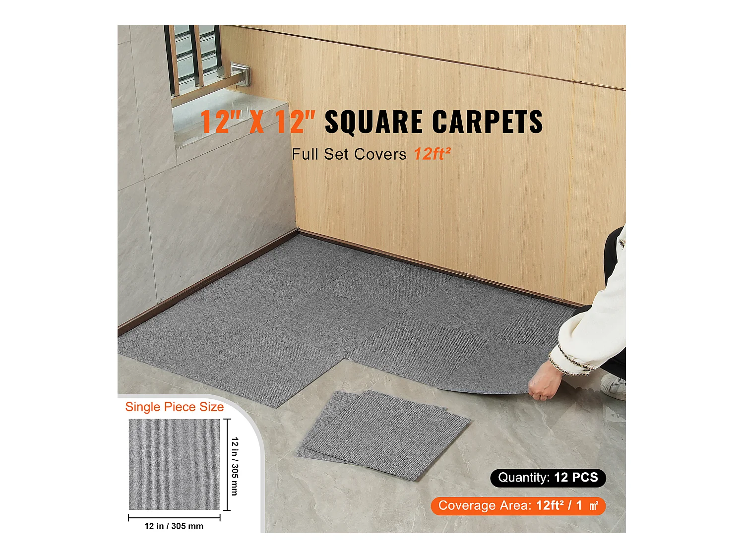 Płytki Dywanowe SucceBuy Zestaw 12 Samoprzylepnych Płytek 30,48 x 30,48 cm – Jasnoszary