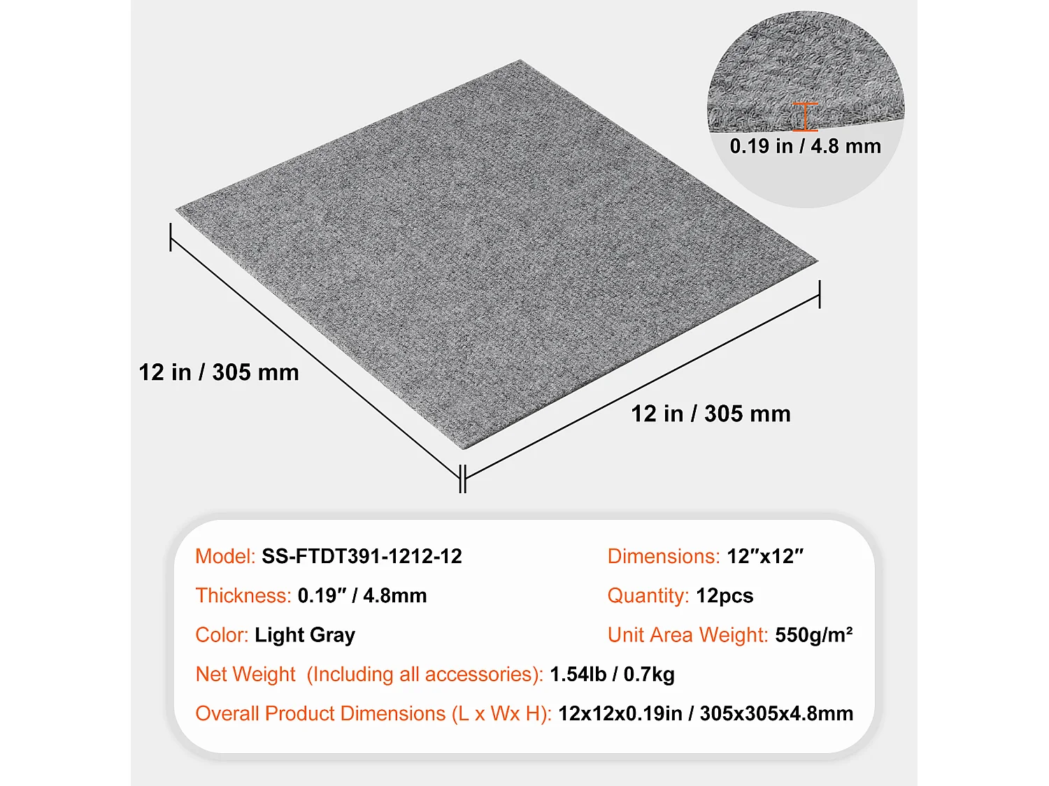 Tapis SucceBuy Dalles de Moquette Lot de 12 dalles de Moquette Autocollantes 30.48 x 30.48cm - Gris clair