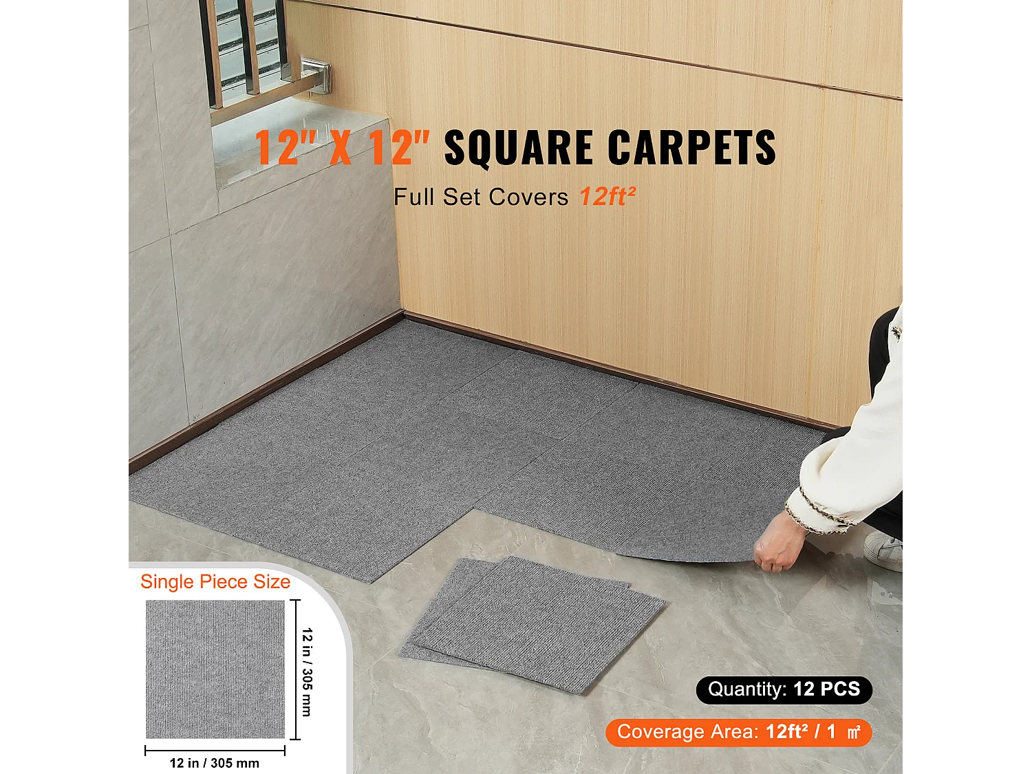 Tapis SucceBuy Dalles de Moquette Lot de 12 dalles de Moquette Autocollantes 30.48 x 30.48cm - Gris clair