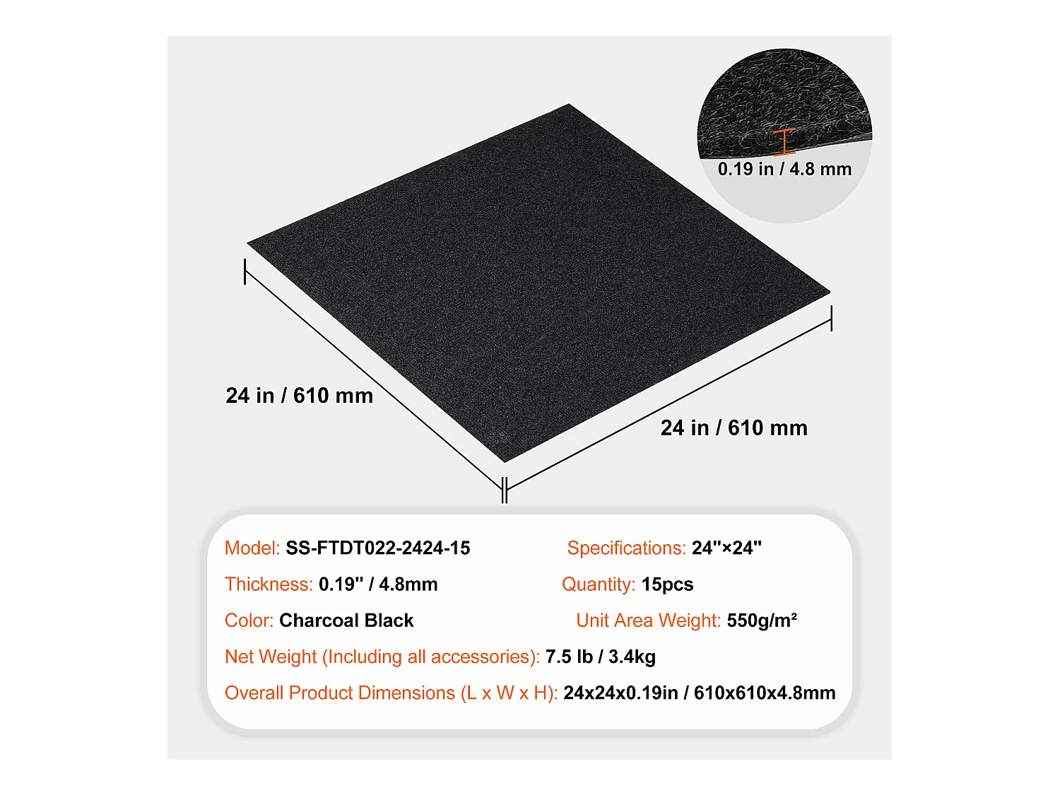 Tapis SucceBuy Dalles de Moquette Autocollantes 60.96 x 60.96cm, 15 Pièces, Noir Carbone