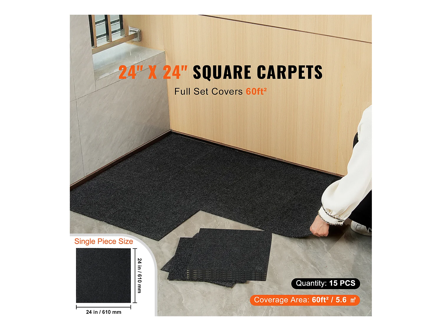 Tapis SucceBuy Dalles de Moquette Autocollantes 60.96 x 60.96cm, 15 Pièces, Noir Carbone