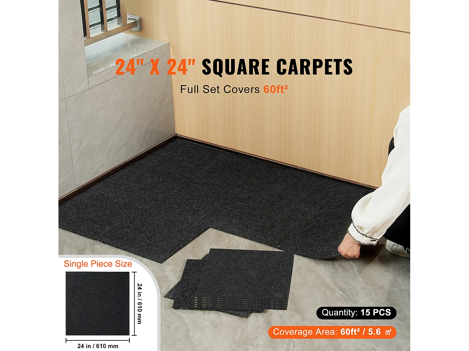 Tapis SucceBuy Dalles de Moquette Autocollantes 60.96 x 60.96cm, 15 Pièces, Noir Carbone