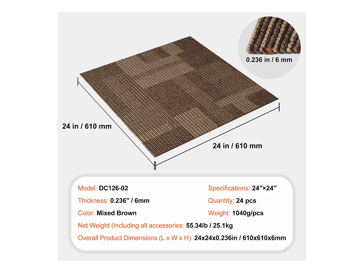 Tapis SucceBuy Dalles de Moquette 24 Pièces 60.96 x 60.96cm Carrés avec Rembourrage Attaché DIY - Marron Mélangé