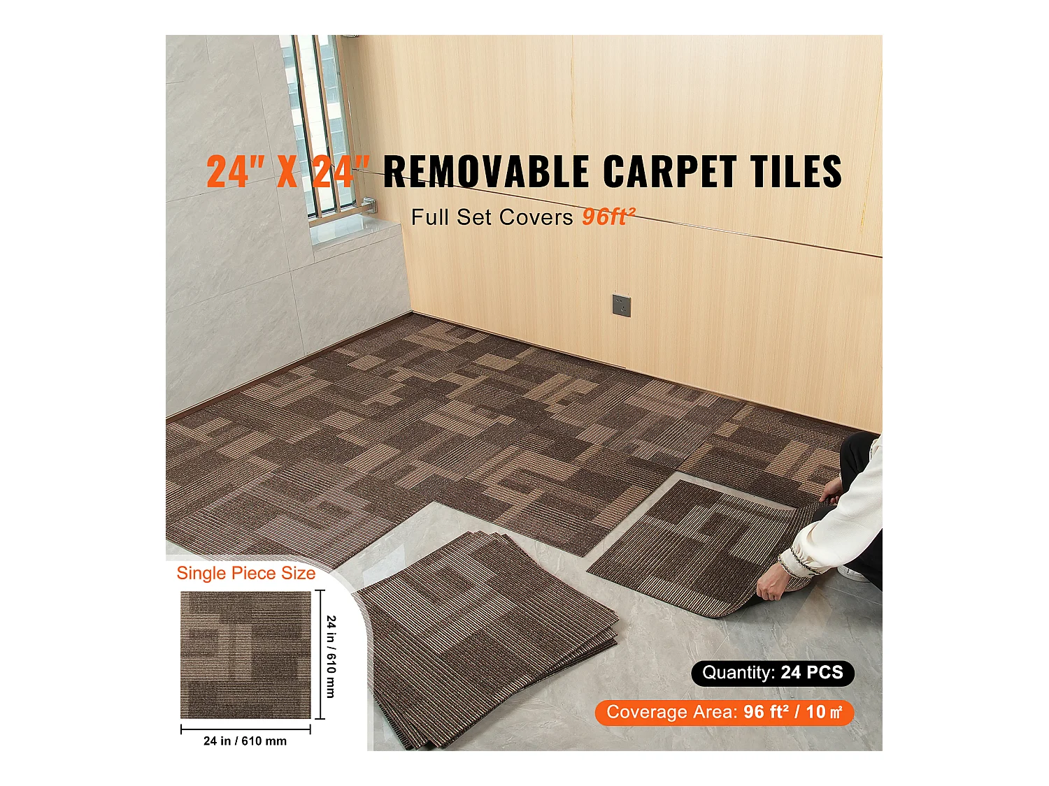Tapis SucceBuy Dalles de Moquette 24 Pièces 60.96 x 60.96cm Carrés avec Rembourrage Attaché DIY - Marron Mélangé