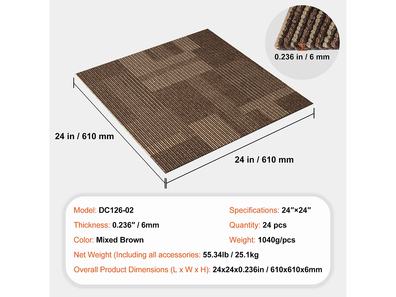 Tapis SucceBuy Dalles de Moquette 24 Pièces 60.96 x 60.96cm Carrés avec Rembourrage Attaché DIY - Marron Mélangé
