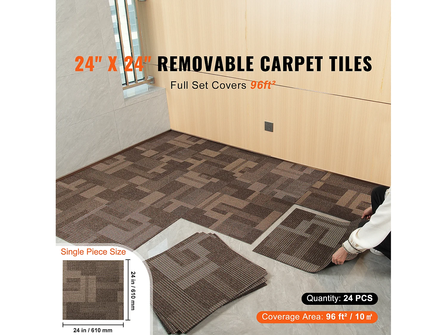 Tapis SucceBuy Dalles de Moquette 24 Pièces 60.96 x 60.96cm Carrés avec Rembourrage Attaché DIY - Marron Mélangé