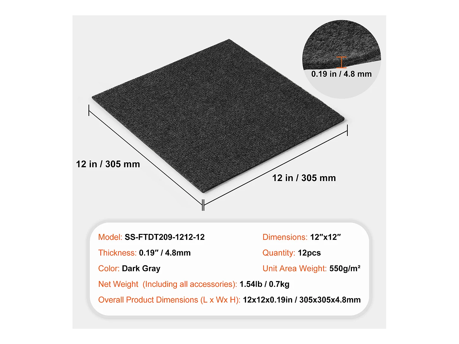 Tapis SucceBuy Dalles de Moquette Autocollantes 30.48 x 30.48cm - Gris Foncé