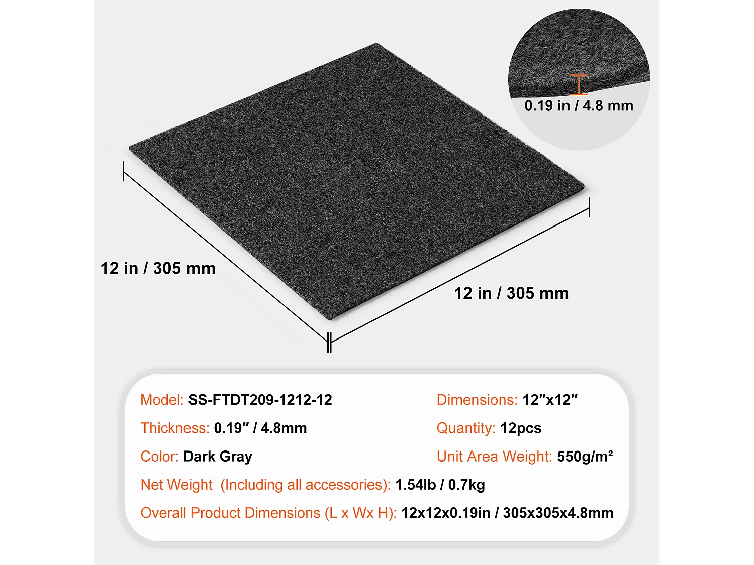 Teppichfliesen Selbstklebend SucceBuy 30,48 x 30,48 cm – Dunkelgrau
