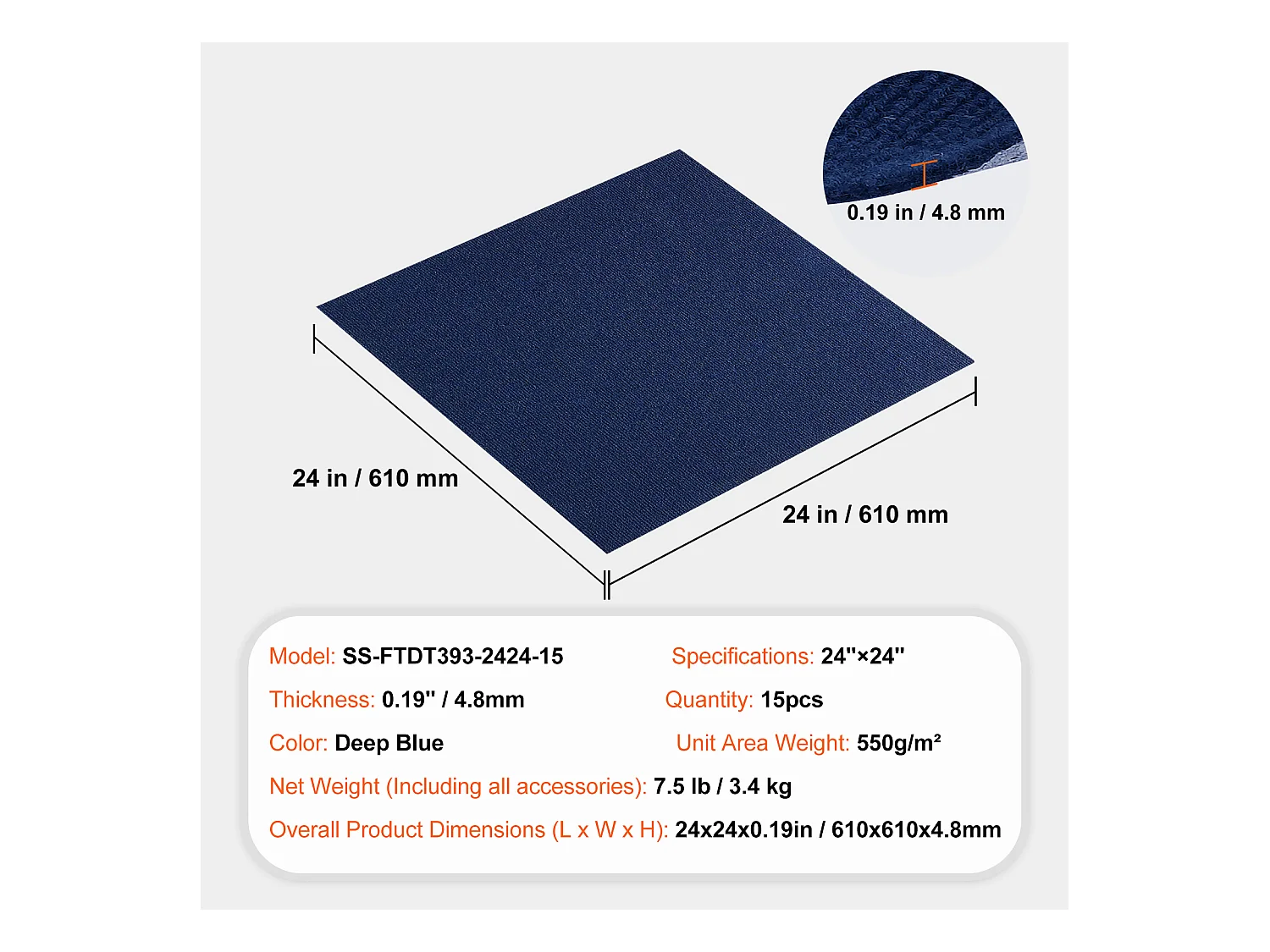 Tapis SucceBuy Dalles de Moquette Lot de 15 dalles de Moquette Autocollantes 60.96 x 60.96cm, Bleu Foncé