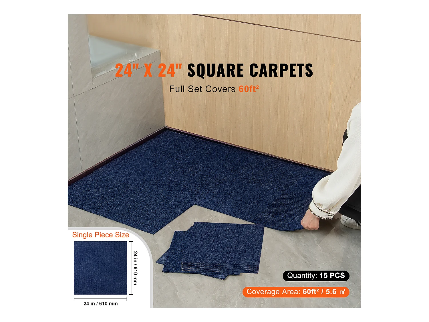 Tapis SucceBuy Dalles de Moquette Lot de 15 dalles de Moquette Autocollantes 60.96 x 60.96cm, Bleu Foncé