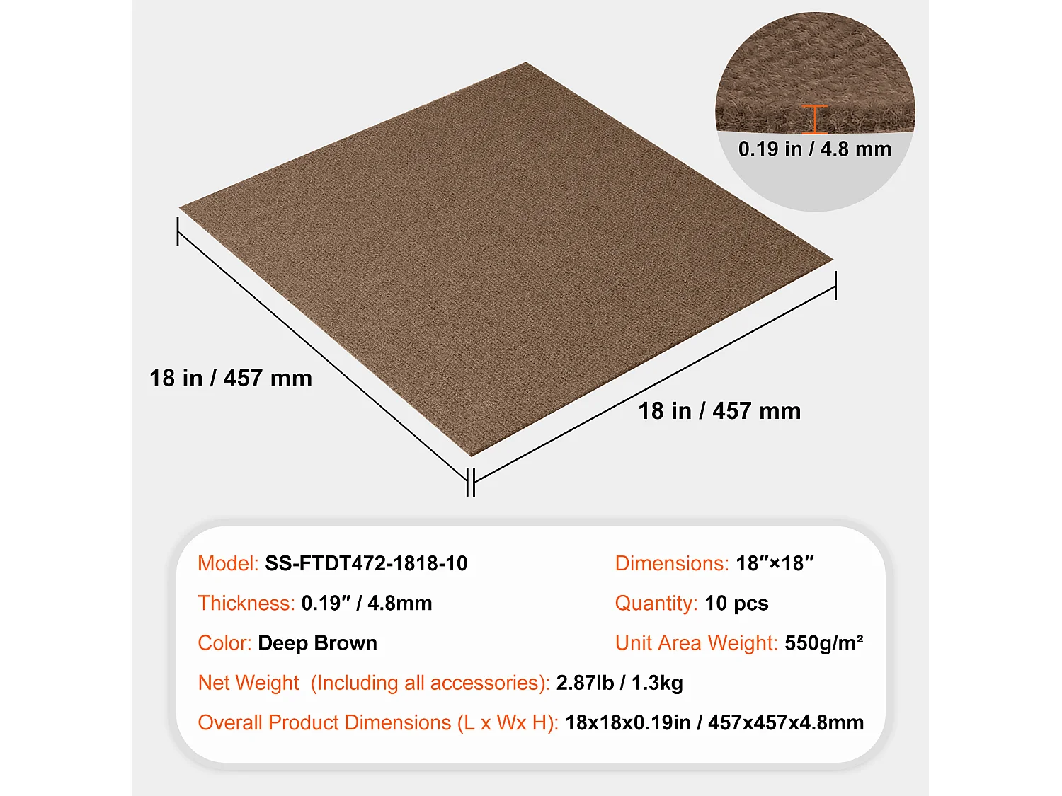 Tapis SucceBuy Dalles de Moquette Lot de 10 dalles de Moquette Autocollantes 45.72 x 45.72cm - Marron Foncé