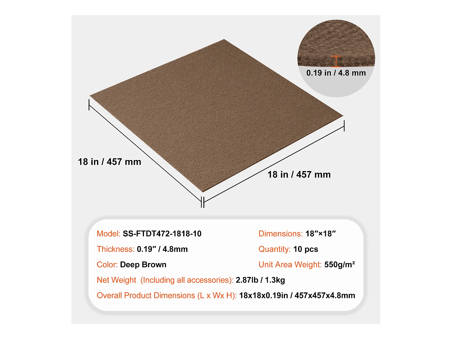 Tapis SucceBuy Dalles de Moquette Lot de 10 dalles de Moquette Autocollantes 45.72 x 45.72cm - Marron Foncé