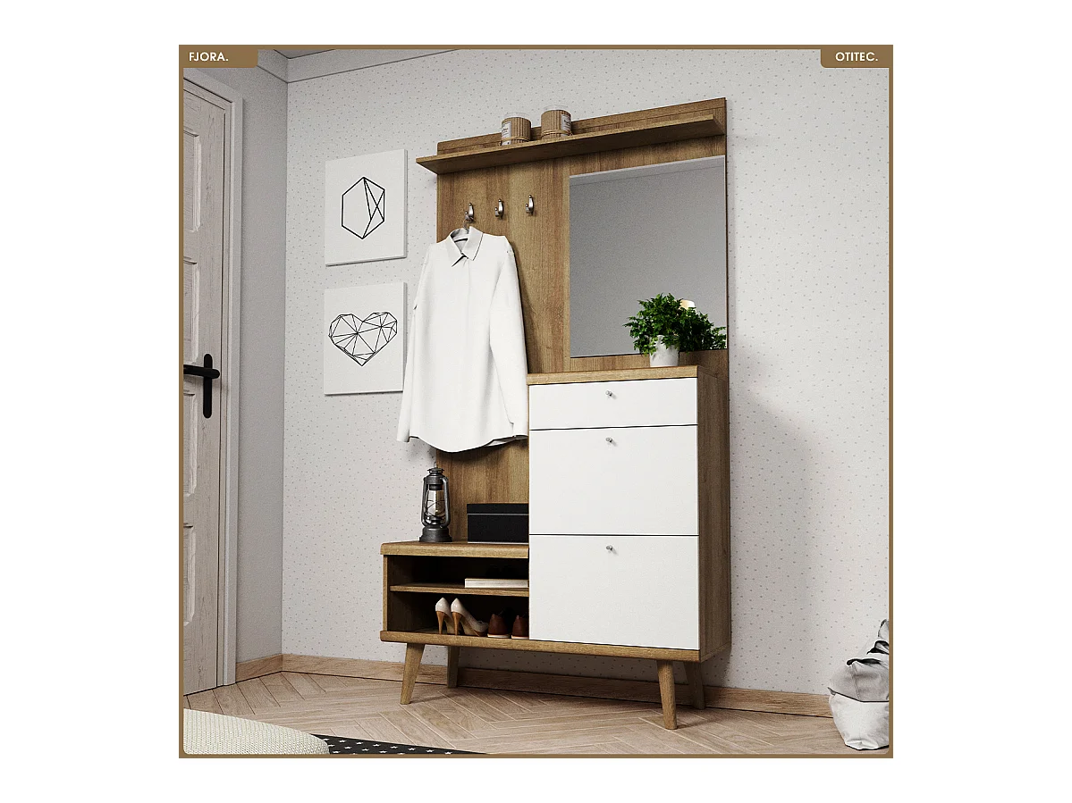 Meuble d’entrée complet - L.110 x H.200 x P.34 cm - FJORA