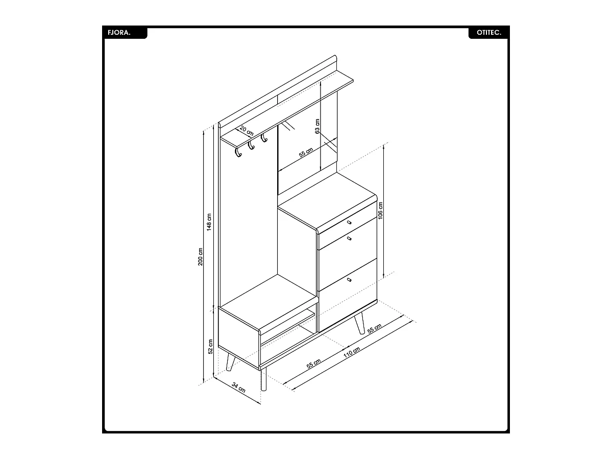 Meuble d’entrée complet - L.110 x H.200 x P.34 cm - FJORA