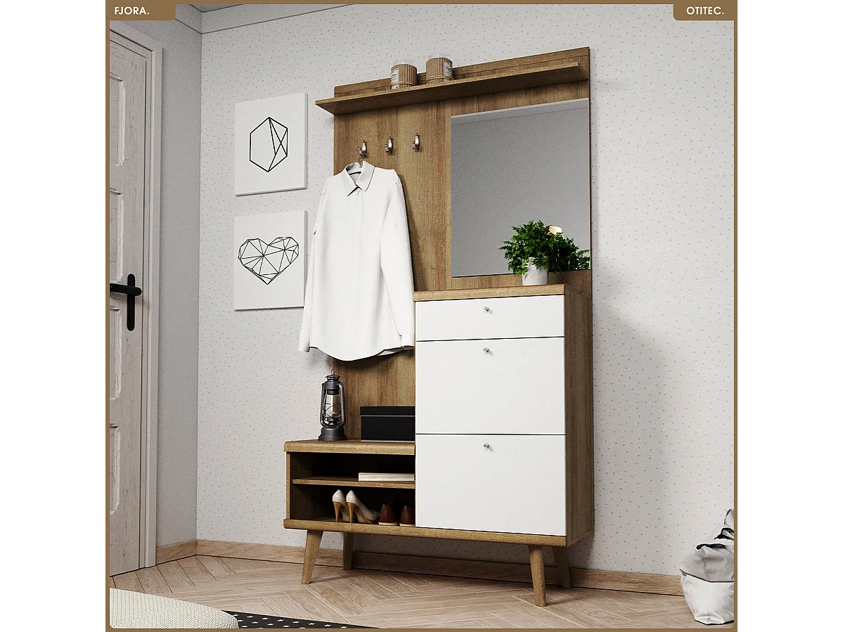 Meuble d’entrée complet - L.110 x H.200 x P.34 cm - FJORA