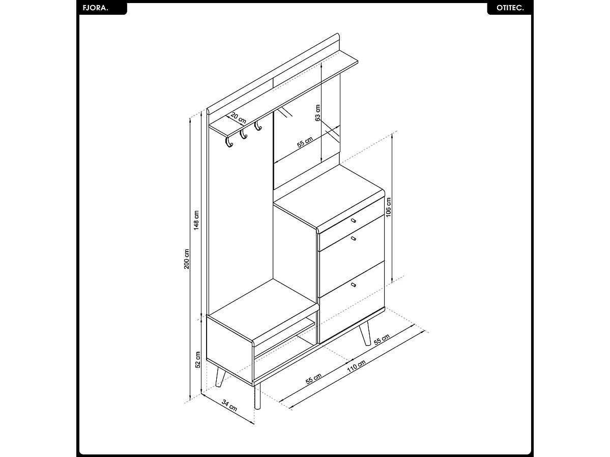 Meuble d’entrée complet - L.110 x H.200 x P.34 cm - FJORA