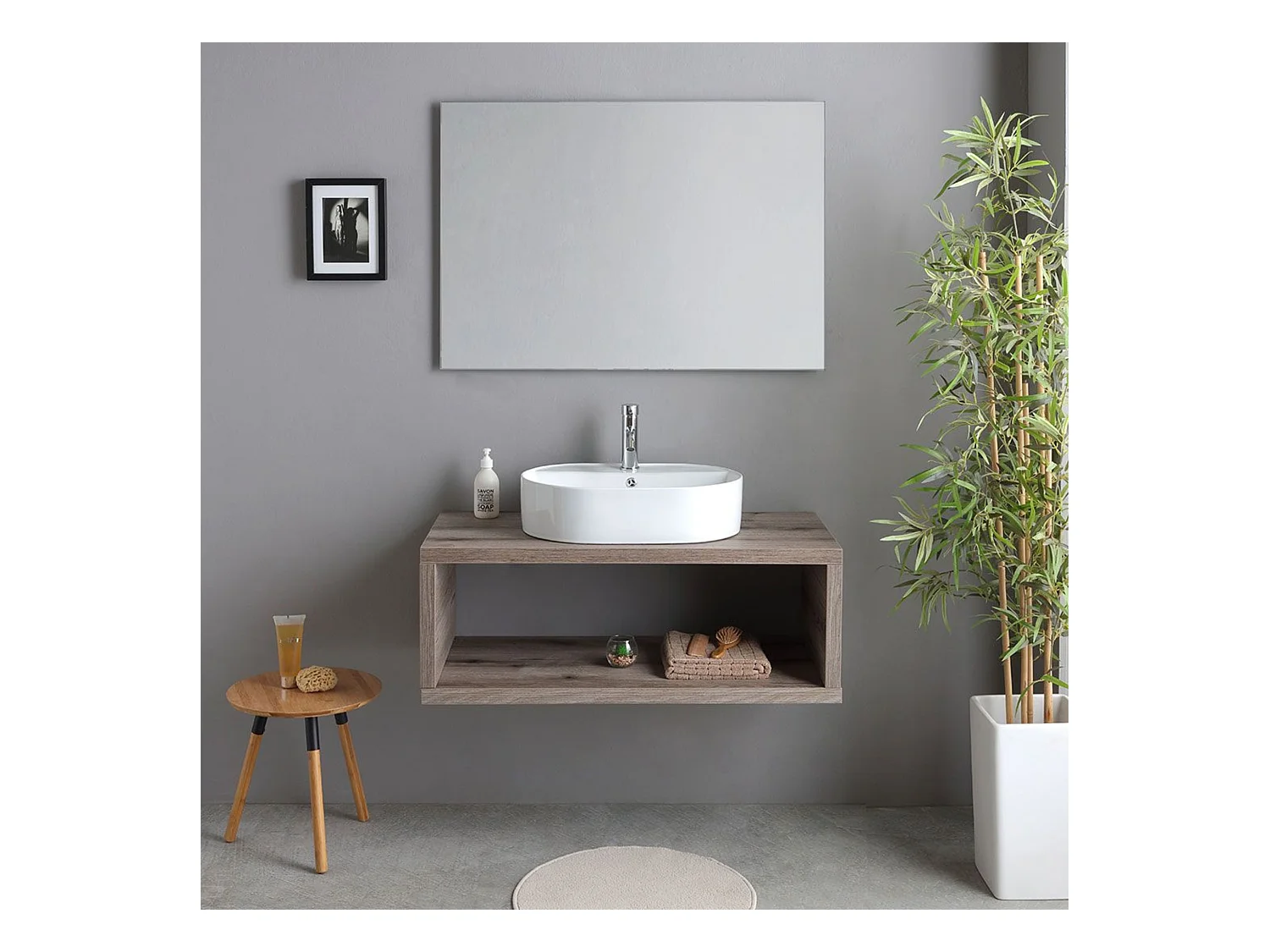 Meuble de salle de bain suspendu "Kos" 100 cm en chêne fossile avec vasque ovale en céramique blanche et miroir rectangulaire