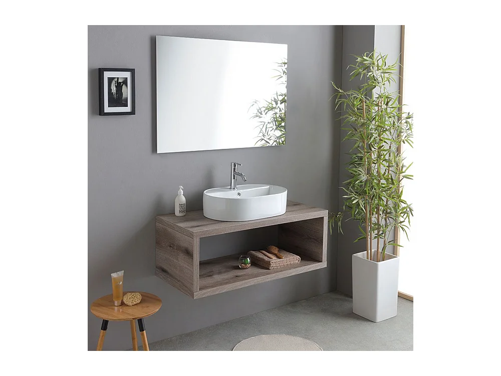 Meuble de salle de bain suspendu "Kos" 100 cm en chêne fossile avec vasque ovale en céramique blanche et miroir rectangulaire