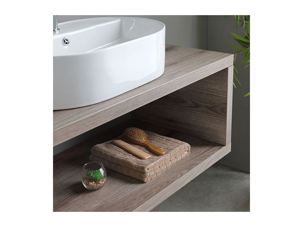 Meuble de salle de bain suspendu "Kos" 100 cm en chêne fossile avec vasque ovale en céramique blanche et miroir rectangulaire