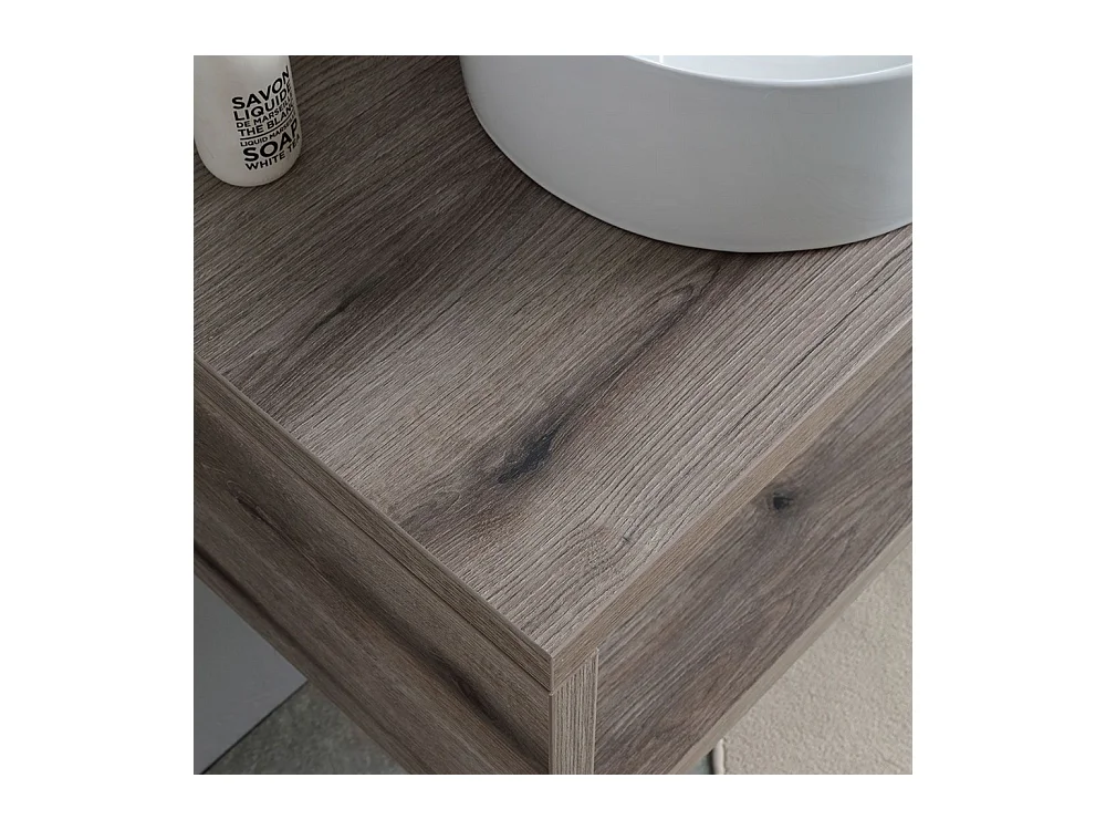 Meuble de salle de bain suspendu "Kos" 100 cm en chêne fossile avec vasque ovale en céramique blanche et miroir rectangulaire