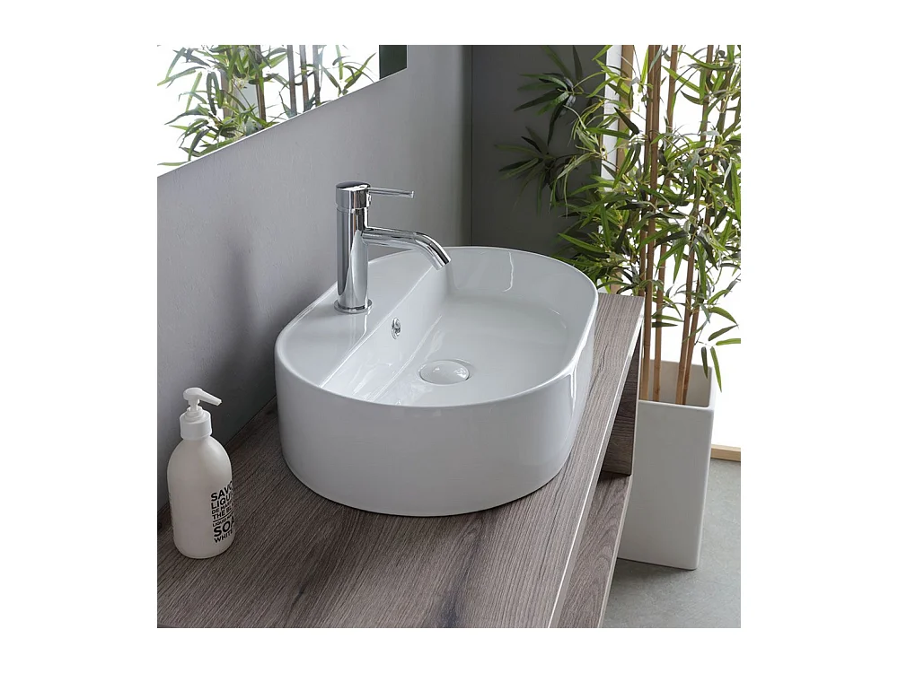 Meuble de salle de bain suspendu "Kos" 100 cm en chêne fossile avec vasque ovale en céramique blanche et miroir rectangulaire