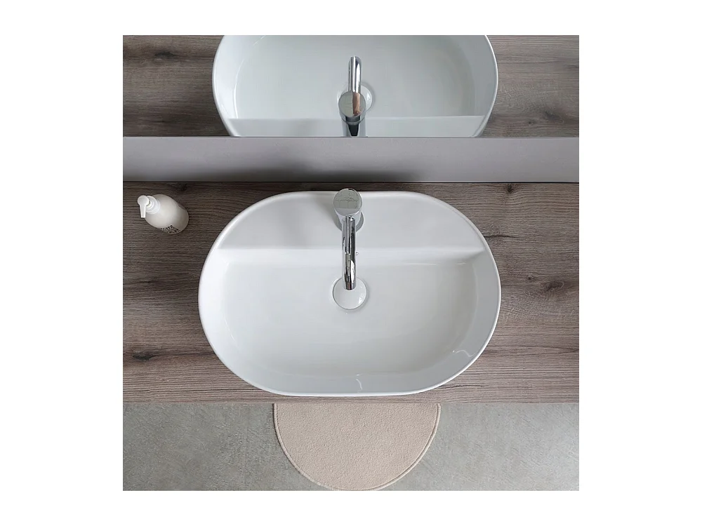 Meuble de salle de bain suspendu "Kos" 100 cm en chêne fossile avec vasque ovale en céramique blanche et miroir rectangulaire