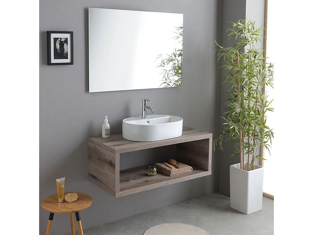 Móvel de casa de banho suspenso "Kos" de 100 cm em carvalho fóssil com lavatório em cerâmica oval branca e espelho retangular