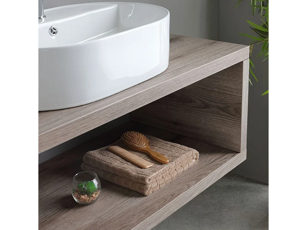 Móvel de casa de banho suspenso "Kos" de 100 cm em carvalho fóssil com lavatório em cerâmica oval branca e espelho retangular