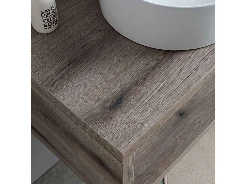 Móvel de casa de banho suspenso "Kos" de 100 cm em carvalho fóssil com lavatório em cerâmica oval branca e espelho retangular