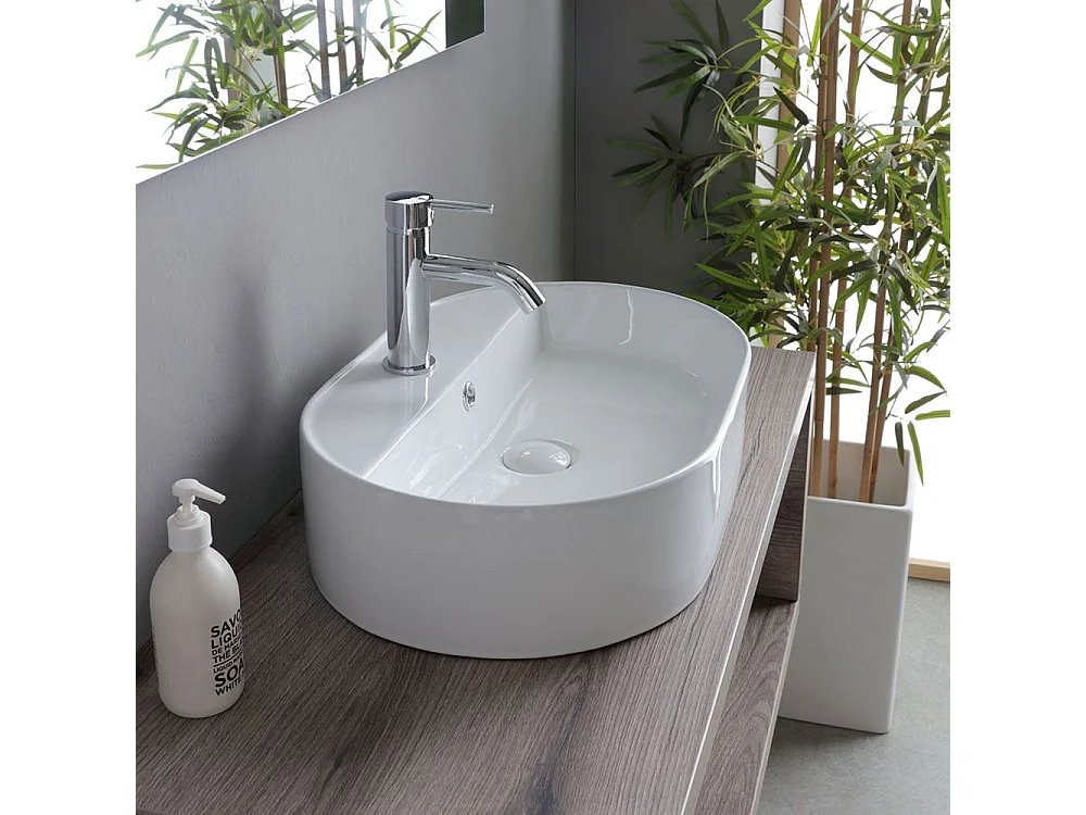 Móvel de casa de banho suspenso "Kos" de 100 cm em carvalho fóssil com lavatório em cerâmica oval branca e espelho retangular