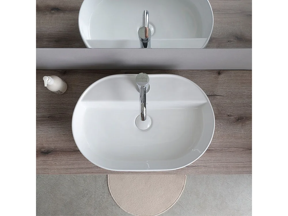 Móvel de casa de banho suspenso "Kos" de 100 cm em carvalho fóssil com lavatório em cerâmica oval branca e espelho retangular