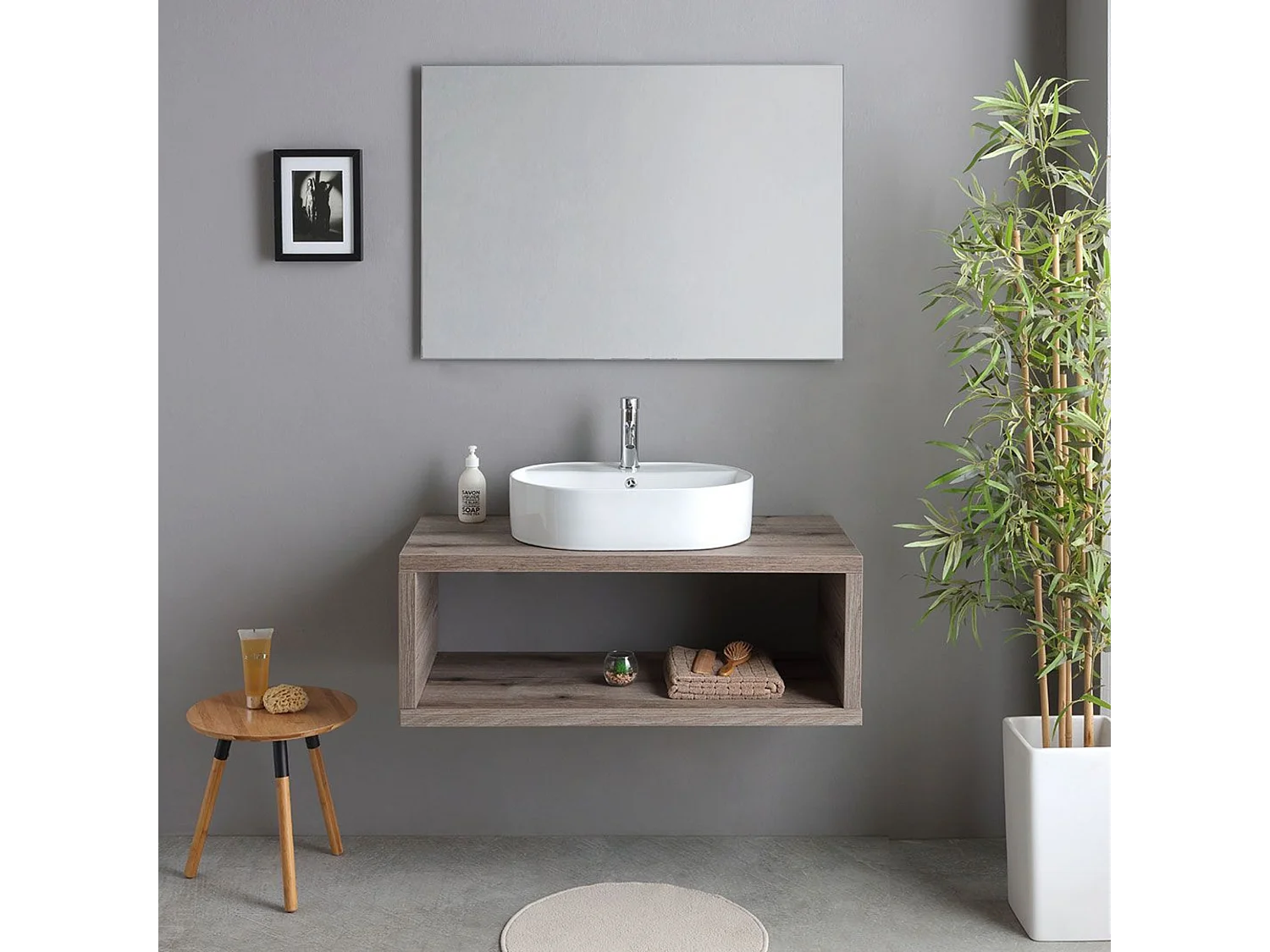Móvel de casa de banho suspenso "Kos" de 100 cm em carvalho fóssil com lavatório em cerâmica oval branca e espelho retangular