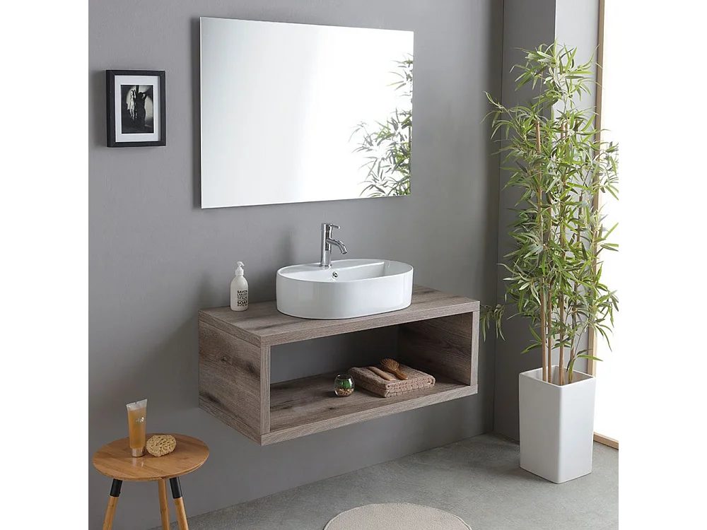 Móvel de casa de banho suspenso "Kos" de 100 cm em carvalho fóssil com lavatório em cerâmica oval branca e espelho retangular