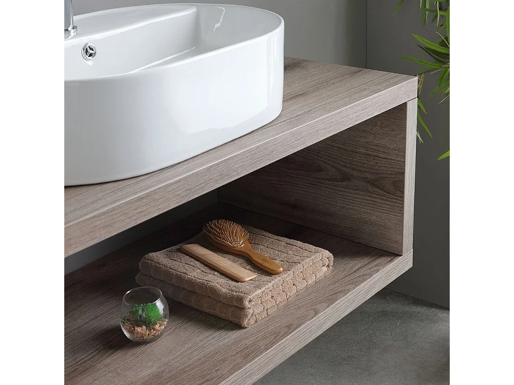Móvel de casa de banho suspenso "Kos" de 100 cm em carvalho fóssil com lavatório em cerâmica oval branca e espelho retangular