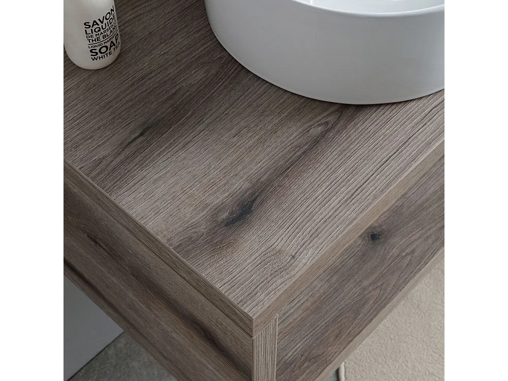 Móvel de casa de banho suspenso "Kos" de 100 cm em carvalho fóssil com lavatório em cerâmica oval branca e espelho retangular