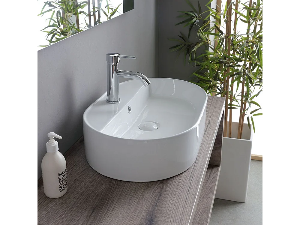 Móvel de casa de banho suspenso "Kos" de 100 cm em carvalho fóssil com lavatório em cerâmica oval branca e espelho retangular