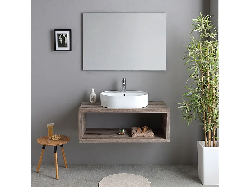 Szafka łazienkowa wisząca „Kos” 100 cm w kolorze dąb kopalny z białą owalną ceramiczną umywalką i prostokątnym lustrem