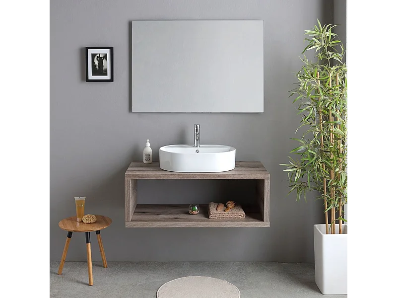 Móvel de casa de banho suspenso "Kos" de 100 cm em carvalho fóssil com lavatório em cerâmica oval branca e espelho retangular
